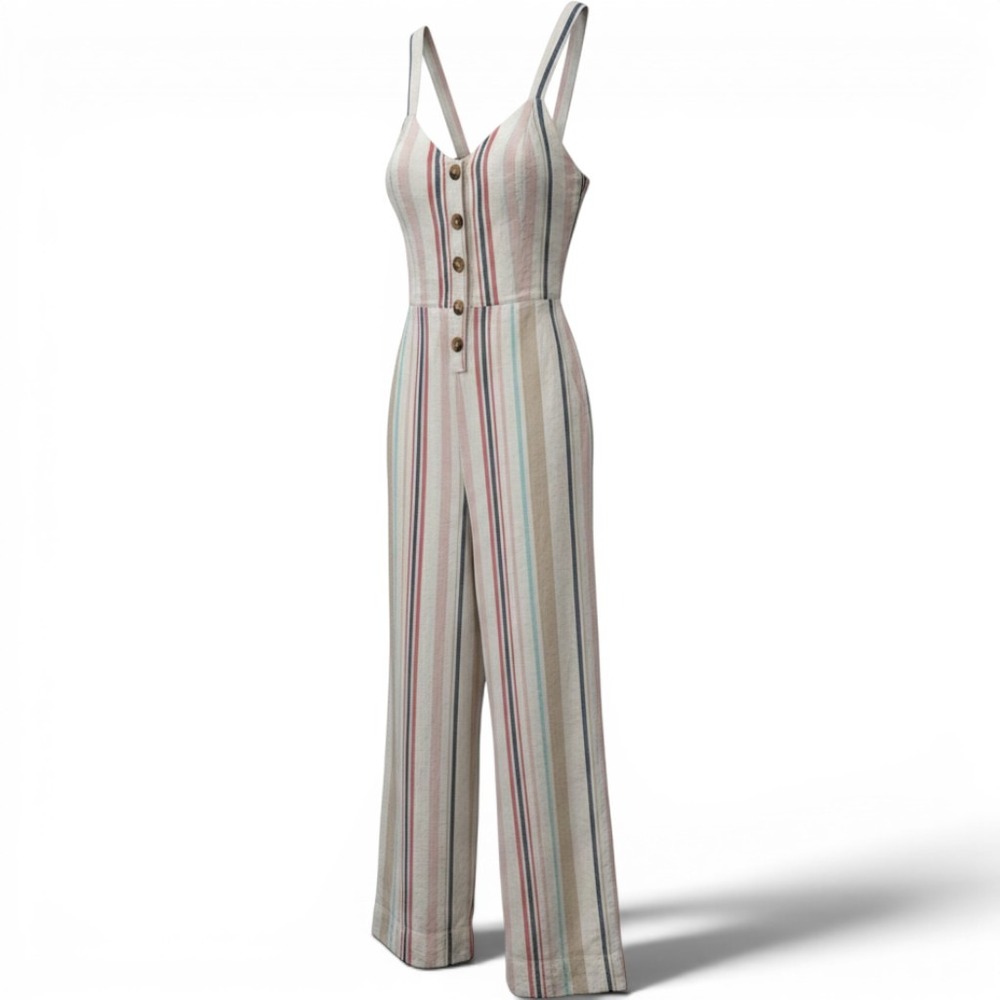 Japna Womens Striped Cotton Wide Leg Jumpsuit Pink Blue Tan Size S Tie Back